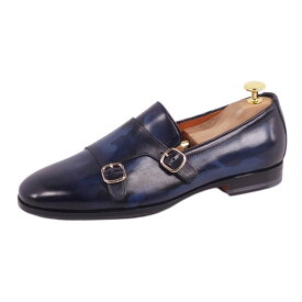 【新古品】サントーニ Santoni レザーシューズ ダブルモンクストラップシューズ ビジネスシューズ 迷彩柄 革靴 メンズ 6(25cm相当) ネイビー【中古】