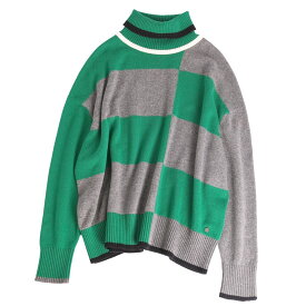 【美品】エルメス HERMES ニット ハイネック セーター ロングスリーブ 長袖 カシミヤ トップス レディース イギリス製 40(M相当) グリーン/グレー【中古】