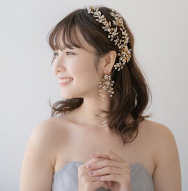 フラワー×パール ゴールドヘッドドレスセット　ヘッドドレス＆イヤリングORピアス(選択可) ブライダルアクセサリー