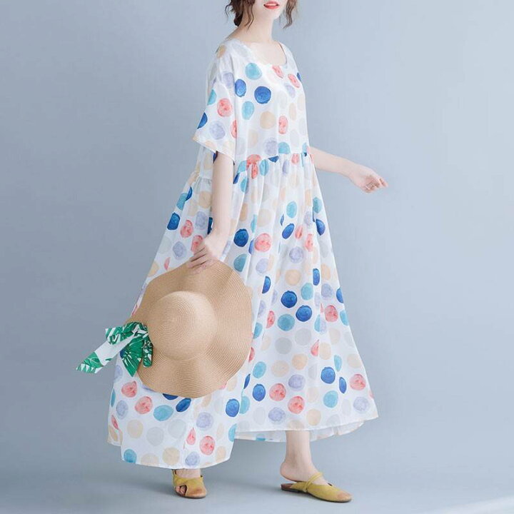 楽天市場 水玉 水彩画カラー パステルカラー マキシワンピース パステルカラー 水色 乳白色 カラフル ドット もえっとmoetto 楽天市場店