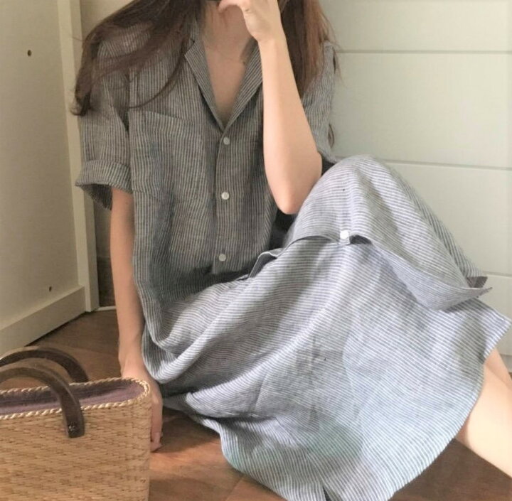 楽天市場 夏 ストライプス 半袖 襟付きロングシャツワンピース 開襟シャツ グレー Aライン ピンストライプ マシキ丈 ゆったり マタニティ ロング ワンピース Lサイズ相当 フリーサイズ もえっとmoetto 楽天市場店