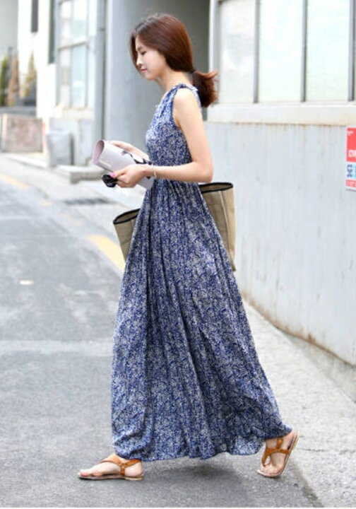 楽天市場】Mサイズ程度 ボヘミアンブルー 花柄 小花柄 ロング  