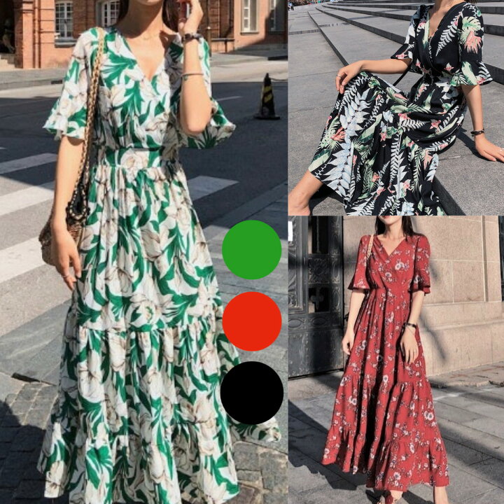 楽天市場 総柄 花柄 シフォン風素材 ボタニカル マキシワンピース マキシロングワンピース フリルワンピース リゾートワンピースリゾートドレス ハワイアンフォーマル カシュクール風デザイン ハワイアン マハロ フラダンスお好きな方にも もえっとmoetto 楽天市場店