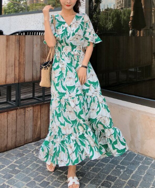 楽天市場】総柄 花柄 シフォン風素材 ボタニカル マキシワンピース  