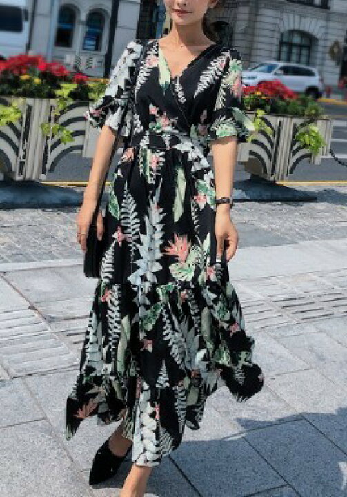 楽天市場】総柄 花柄 シフォン風素材 ボタニカル マキシワンピース  