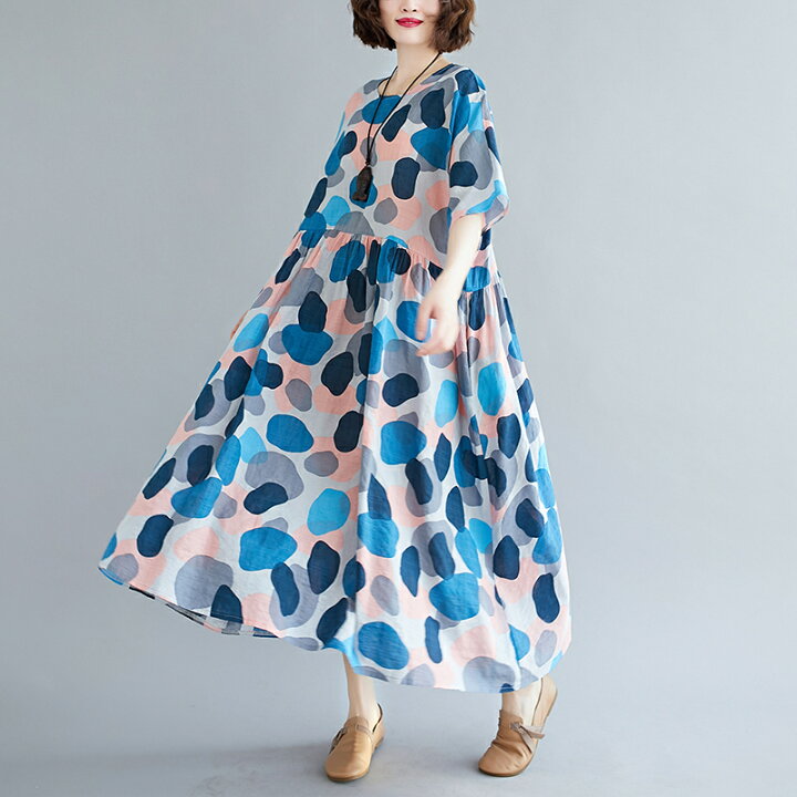 楽天市場 ゆったり ブルー水玉模様 ロングワンピース ブルー 水色 ロングマキシワンピース 水面模様 水彩画風 ドット柄ドットデザイン 丸 ピンク 水色 青色 紺色 印象派絵画 北欧風 もえっとmoetto 楽天市場店