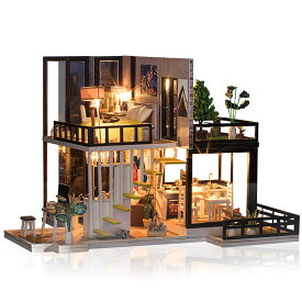 最短当日出荷◆ドールハウス ミニチュア 手作りキットセット 芝生の 広いベランダ 二階建て 現代モダン LEDライト+オルゴール+アクリルケース