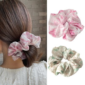 【よりどり2点で200円OFF//3点で300円OFFクーポン】シュシュ ヘアアクセサリー ヘアゴム 大ぶり 大きい 特大 ビッグ まとめ髪 ポニーテール ヘアアレンジ デイリー カジュアル トレンド シンプル 花柄 艶あり オーガンジー レディース 女性