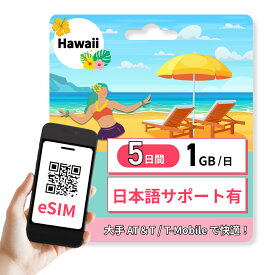 ハワイ eSIM 1GB / 日 5日間 高速通信 かんたん設定 Tモバイル 大手キャリア 旅行 ビジネス かんたん設定 説明書あり 日本語サポートあり 低速後は無制限 発送なしで即日にすぐ使える カード アンドロイド iOS iPhone 対応 t-mobile プリペイド