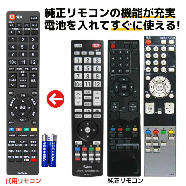 楽天市場】DXブロードテック フナイ テレビ リモコン 電池付き MF304JD 