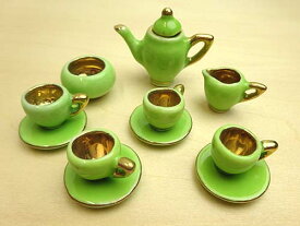 三松貿易 ミニチュア食器 コーヒーセット 黄緑内金 4客 カップ直径1cm 陶器 箱入り