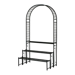 ガーデンファニチャー おしゃれ アーチ付フラワーラック 3段ラック フラワーアーチ ガーデンアーチ 花壇 花台 丈夫 園芸用品 つるバラ 庭 門 玄関 組み立て品