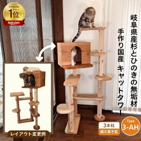 【 マラソン期間 P5倍 10%offクーポン　anan にゃんこLOVE掲載 】　国産 杉 桧 多頭飼い基本セット キャットタワー 木製 据え置き型 タイプ3-A 2ベット キャットハウス シンプル スリム 無垢材 猫 猫タワー 爪とぎ 丈夫