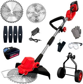 草刈機 充電式草刈り機 ブラシレスモーター 補助輪 軽量 女性 コードレス刈払機 伸縮 肩掛けバンド 除草 枝切り 雑草 芝生 畑 農園 庭作業に最適 家庭用電動芝刈り機 18v互換 (バッテリー付き)