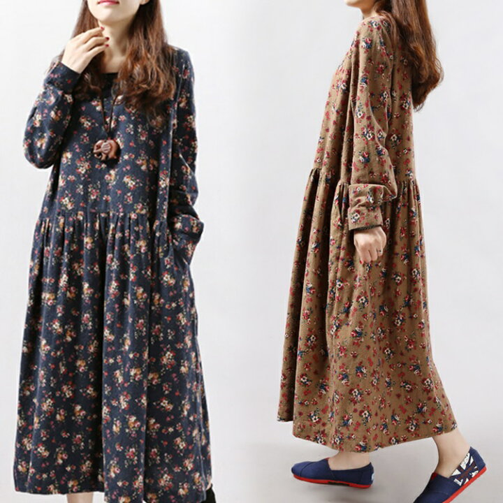 楽天市場 ワンピース レディース 40代 30代 50代 春秋 きれいめ マキシワンピース 韓国風 花柄ワンピース 大きいサイズ 長袖ワンピース オシャレ カジュアル 通勤 3色 Ms Momo 楽天市場店