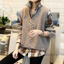 ニットセットアップ レディース 秋冬 40代 長袖ブラウス チェック柄 ニットベスト セットアップ セーター ショット丈ニットソー ゆったりプルオーバー オシャレ 秋服 韓国風50代 30代