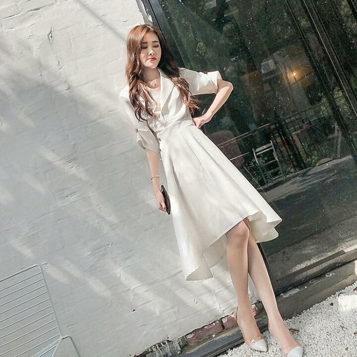 楽天市場 シャツワンピース レディース 40代 膝丈ワンピース 春夏新作 きれいめ 白ドレス 五分袖ワンピース 不規則 フレアスカート オシャレ韓国風 結婚式ドレス お出かけ 大人 30代 50代 Ms Momo 楽天市場店