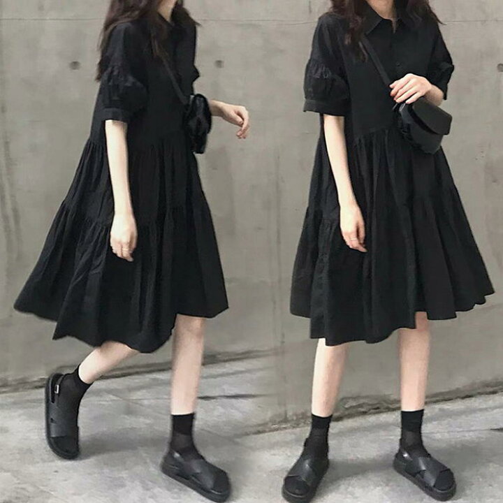 楽天市場 シャツワンピース レディース 40代 キレイめ 膝丈ワンピース 春夏 半袖ワンピース 黒フレアスカート シャツワンピ オシャレ 韓国風 ゆったり 大人可愛い30代 50代 Ms Momo 楽天市場店