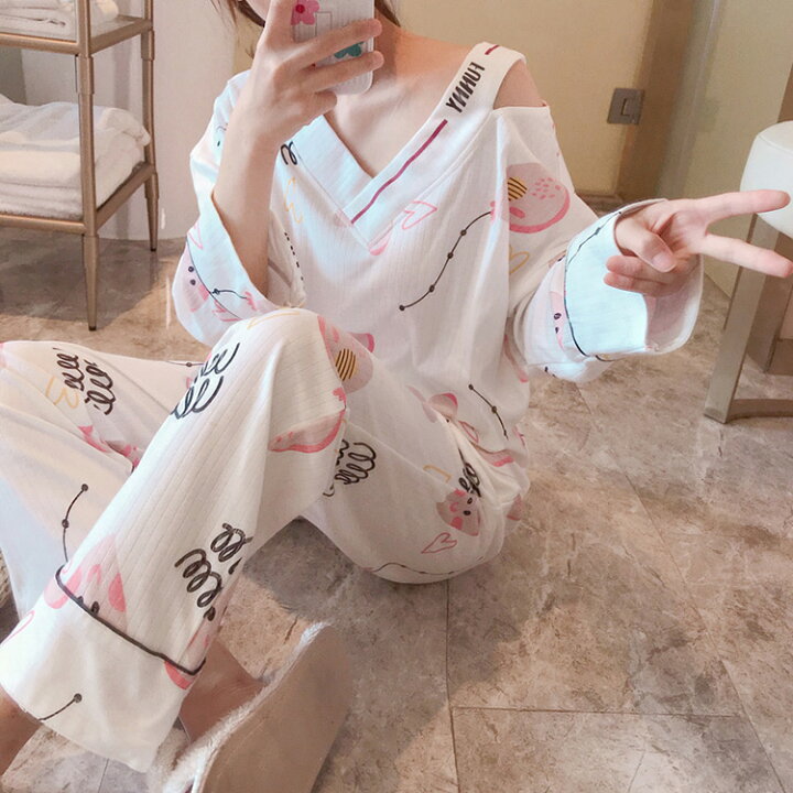 楽天市場 パジャマ ルームウェア レディース 秋冬 長袖 パジャマ 綿 ルームウェア Vネック 心柄 ロングパンツ 上下セット 可愛い パジャマ ゆったり 女性 部屋着 寝巻き Ms Momo 楽天市場店