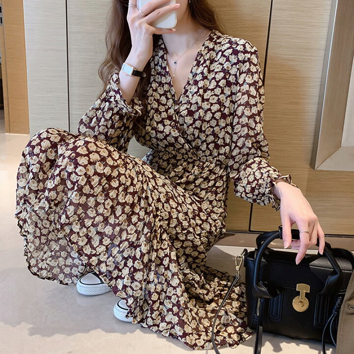 楽天市場 ワンピース レディース 40代 キレイめ マキシワンピース 秋冬 長袖ワンピース 花柄 シフォン Vネック フレアスカート オシャレ 大人 上品 30代 50代 Ms Momo 楽天市場店