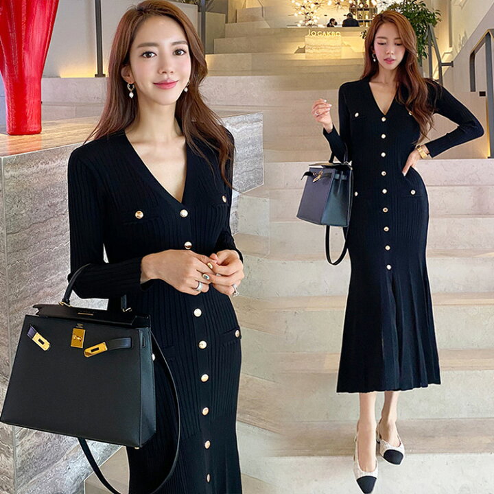 楽天市場 ニットワンピース レディース 40代 秋冬 長袖ワンピース 黒 Vネックセーターニット タイトスカート ロング丈 ニットインナー オシャレ 韓国風 大人 新作 Ms Momo 楽天市場店