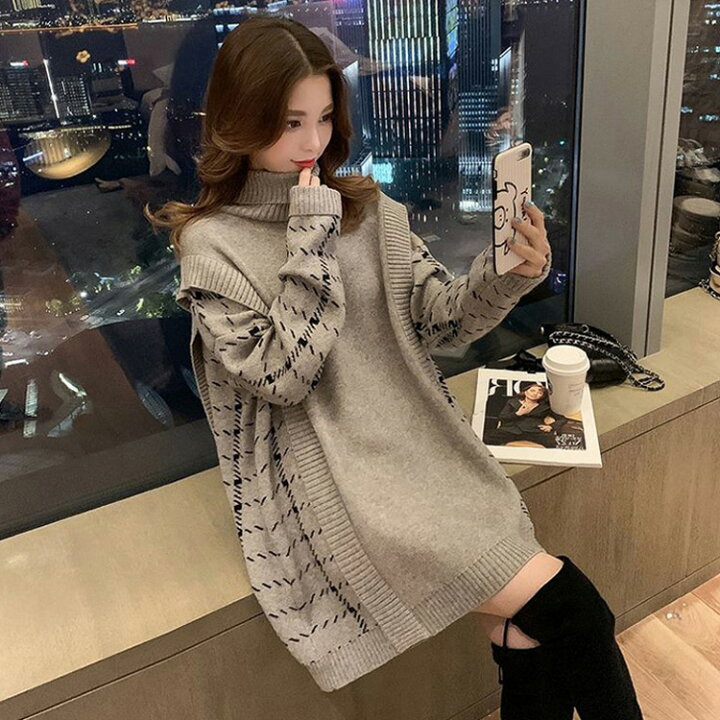 楽天市場 ニットセーター レディース 秋冬 40代 長袖トップス チェック柄切り替えニットワンピース ハイネック ミディアム丈ニット プルオーバー ゆったりセーター 大人可愛い オシャレ Ms Momo 楽天市場店