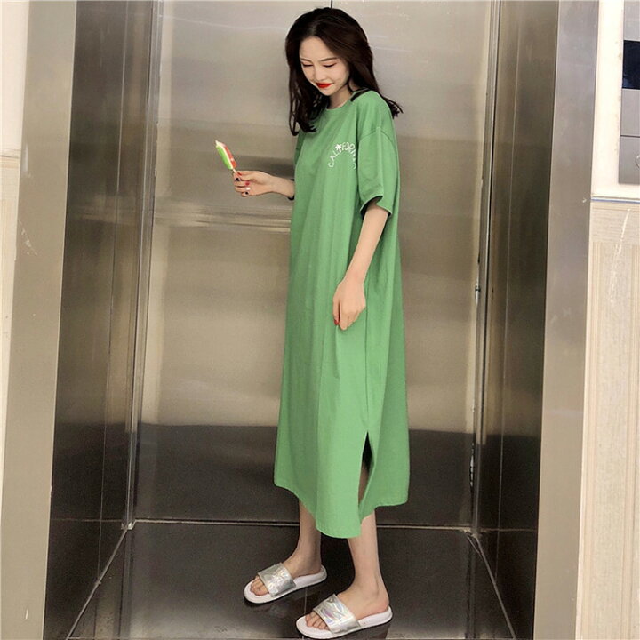 ルームウェア レディース ゆったり ネグリジェ パジャマ ピンク ボーダー マタニティ ロング丈 ワンピース 可愛い 春 猫 綿 緑 長袖 韓国 黄色 定番から日本未入荷 ワンピース