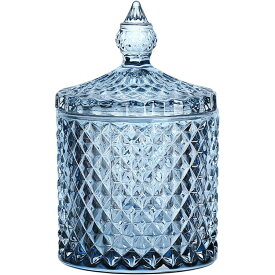 ダイヤモンドファセットクリスタルガラス キャンディジャー 蓋付き ブルー装飾ジャー ジュエリーボックス 綿棒収納ホルダー