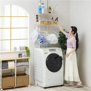 【ポイント7倍!水曜定休セール】 突っ張り 洗濯機ラック 幅59cm ナチュラル バスケット付き スチールフレーム ランドリーラック ランドリー収納 洗濯用品(代引不可)