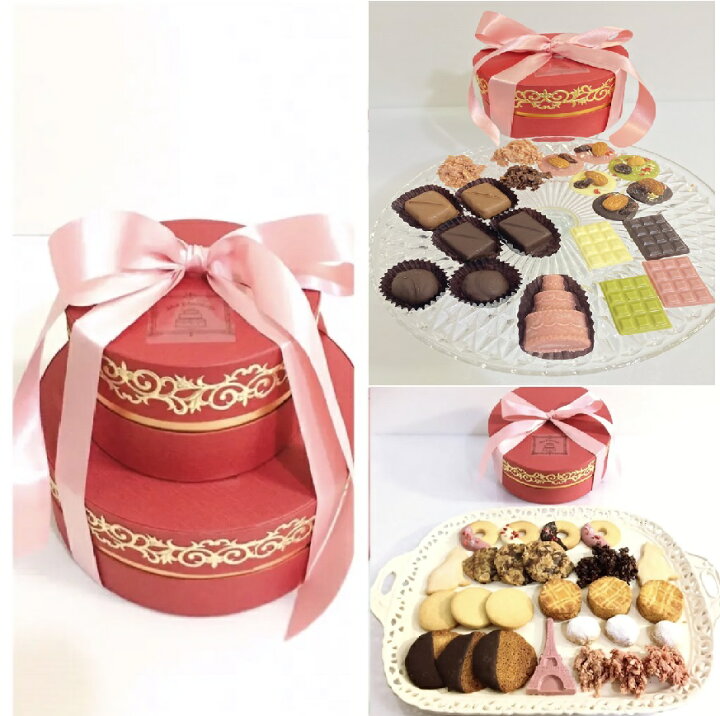 楽天市場 高級ショコラ サブレ詰め合わせギフト ２段ケーキラッピング スイーツギフトｂｏｘ クッキー缶風高級チョコレート プレゼント 女性 上質バタークッキー 焼き菓子 チョコレートケーキ お祝 バレンタイン ホワイトデー ホームパーティー Mon Chocolatly
