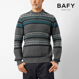 バフィー BAFY 7144 クルーネックニット ボーダー ウール 別注モデル メンズ ミドルゲージニット オーバーサイズ メリノウール ウール100% セーター ミドルゲージ 長袖 ニット ブランド グレー ネイティブ柄 秋 冬 クルーネックセーター おしゃれ 秋冬 イタリア