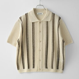 クオ COOR ニットシャツ ニットカーディガン 半袖 DOUBLE PIN STRIPED HARF CARDIGAN CXG2KT13K アイボリー メンズ サマーニット 半袖 カーディガン メンズ ブランド 春夏 韓国 大きいサイズ ゆったり おしゃれ 春 夏 コットン100%