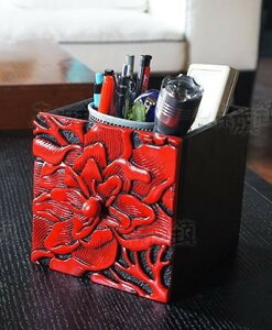 ペン立て リモコン入れ 和モダン 赤×黒 花の彫刻風