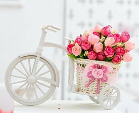 【50％OFF（半額）クーポン配布中】置物 ミニバラを乗せた小さな白い自転車 (ピンク系)