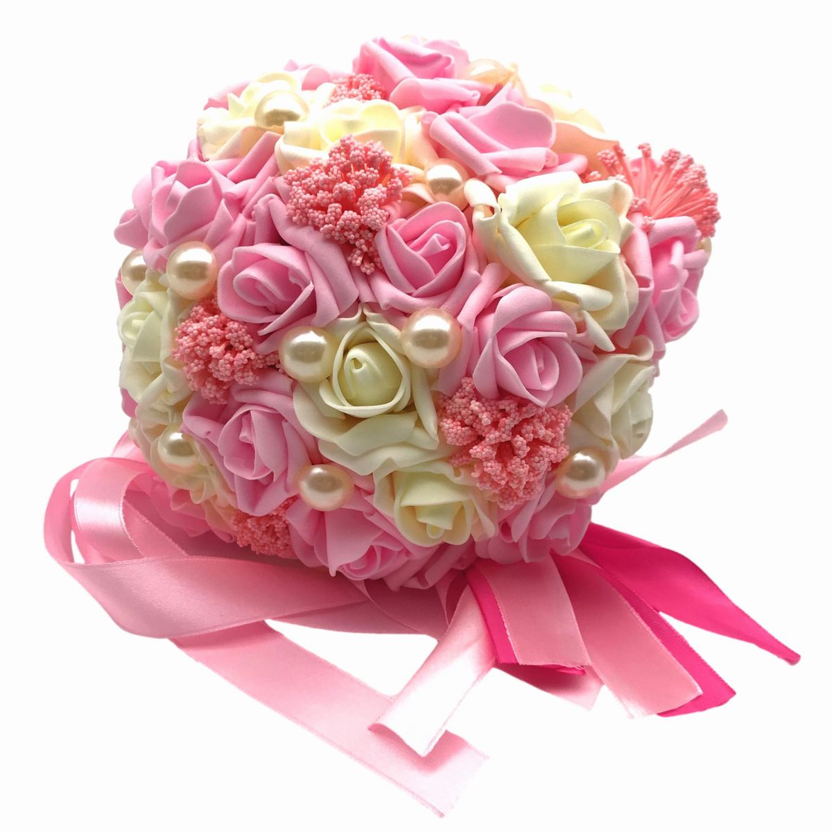 造花 ブーケ バラ パール風の装飾 花束 リボン付き (ピンク) | 輸入インテリア雑貨モノッコ