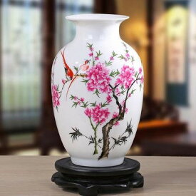 花瓶 中国伝統柄 景徳鎮 陶器製 回転式 台座付き (桃の花と小鳥)
