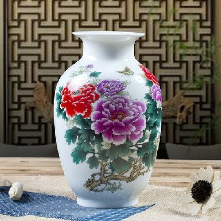 楽天市場】花瓶 中国伝統柄 景徳鎮 陶器製 回転式 台座付き (大輪の花 