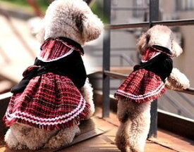 ペットウェア ドッグウェア 犬服 洋服 ワンピース ドレス ボレロ バッグ付き 赤×黒チェック (SS)