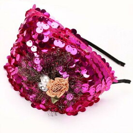 カチューシャ 帽子風 おしゃれなスパンコールとバラの花 (ピンク)