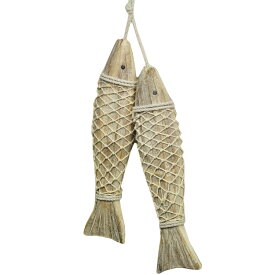 壁掛けオブジェ 2匹のお魚 網 マリン風 木製 (ナチュラル, 大サイズ)
