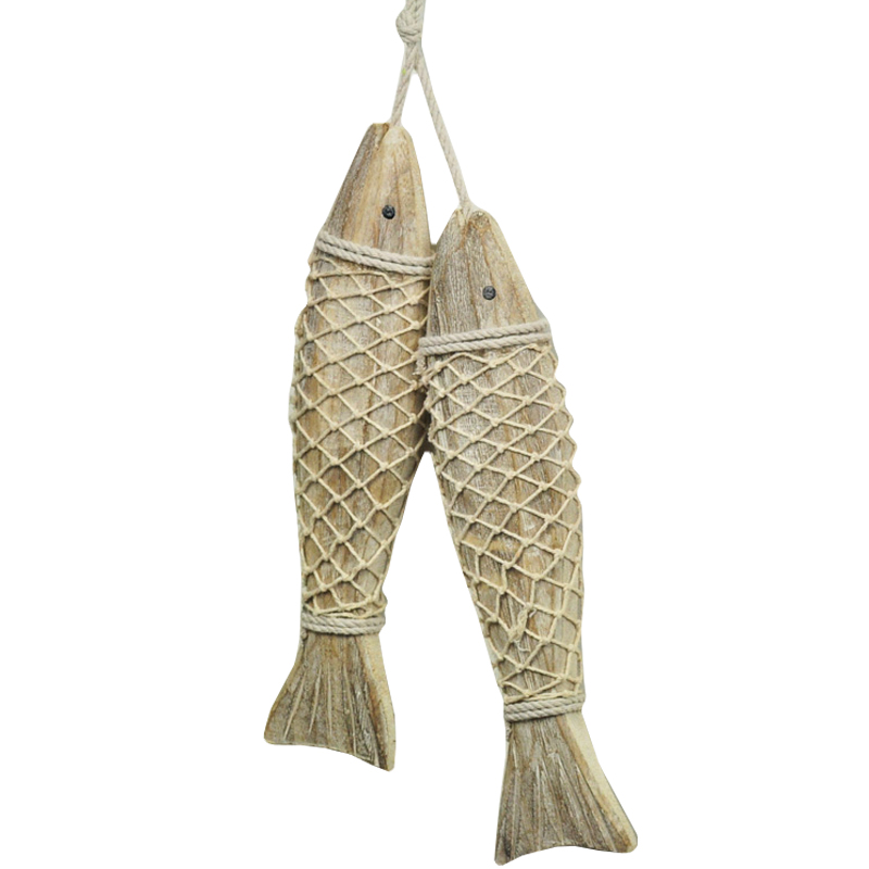 壁掛けオブジェ 2匹のお魚 網 マリン風 ナチュラル 木製 (小)