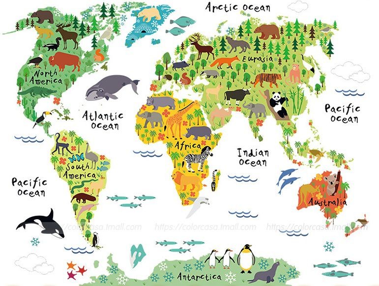 地図の中にアニマルが描かれたおしゃれなインテリア 壁用シール ウォールステッカー かわいい動物のイラスト メール便不可 世界地図