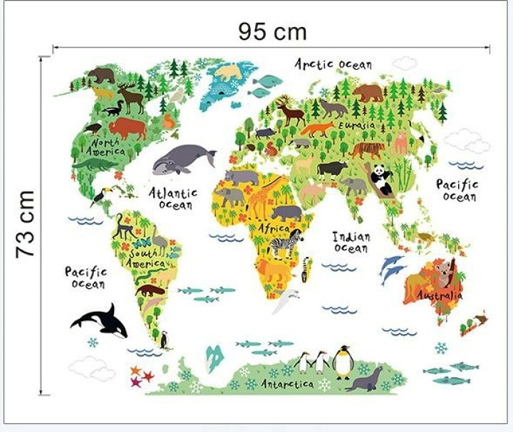 楽天市場 ウォールステッカー 世界地図 かわいい動物のイラスト モノッコ