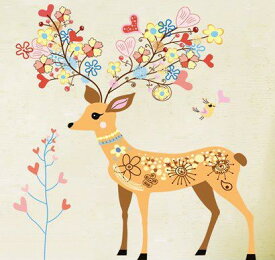 ウォールステッカー カラフルな小鹿 ハートと花柄 植物と鳥