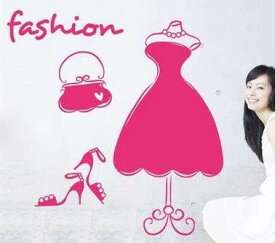 【50％OFF（半額）クーポン配布中】ウォールステッカー ファッション パールネックレス付きドレス バッグ シューズ (ピンク)