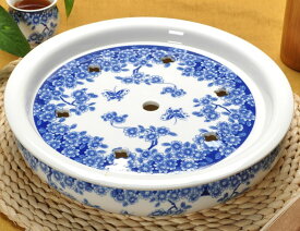 【50％OFF（半額）クーポン配布中】茶盤 中国茶道具 美しい白と青 丸型 陶器製 (蝶と花)
