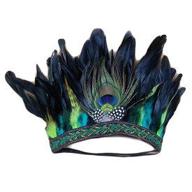 ヘッドドレス インディアン 孔雀の羽 ボリュームフェザー 刺繍 コスプレ (グリーン, 子供用)