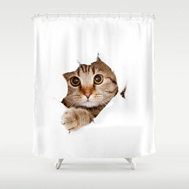 シャワーカーテン 穴からのぞく猫の顔 3D風 リアル