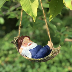 ガーデンオブジェ 吊り下げオーナメント ブランコで寝る白髭おじいさん こびと 森の妖精 (仰向け寝)