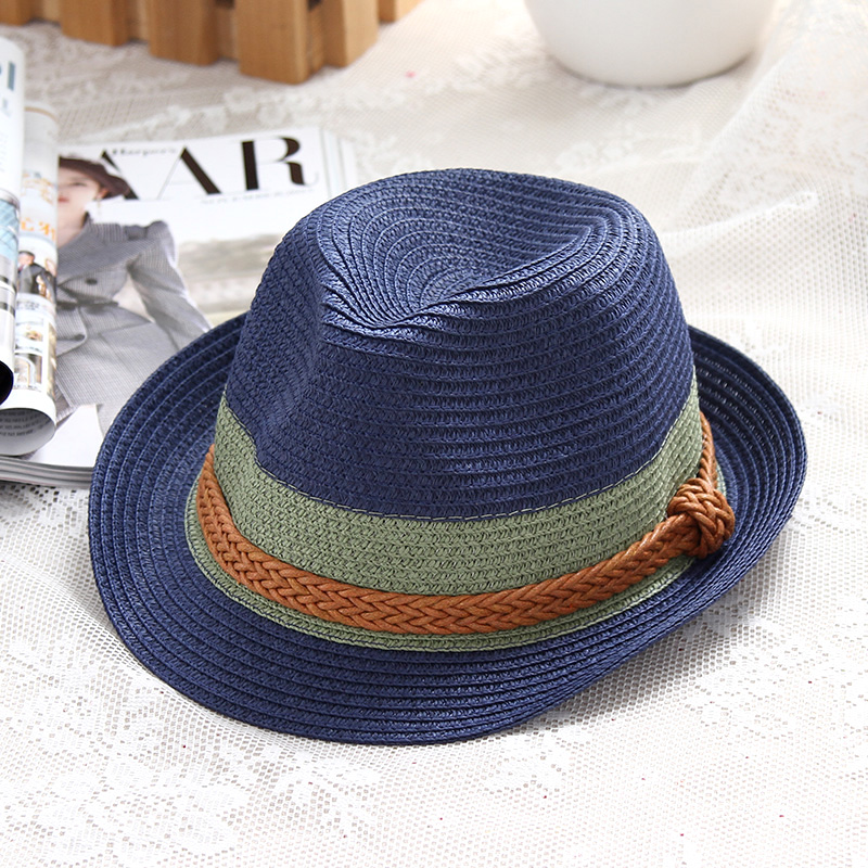 中折れハット 麦わら帽子 編み紐の装飾 レディース (ブルー)